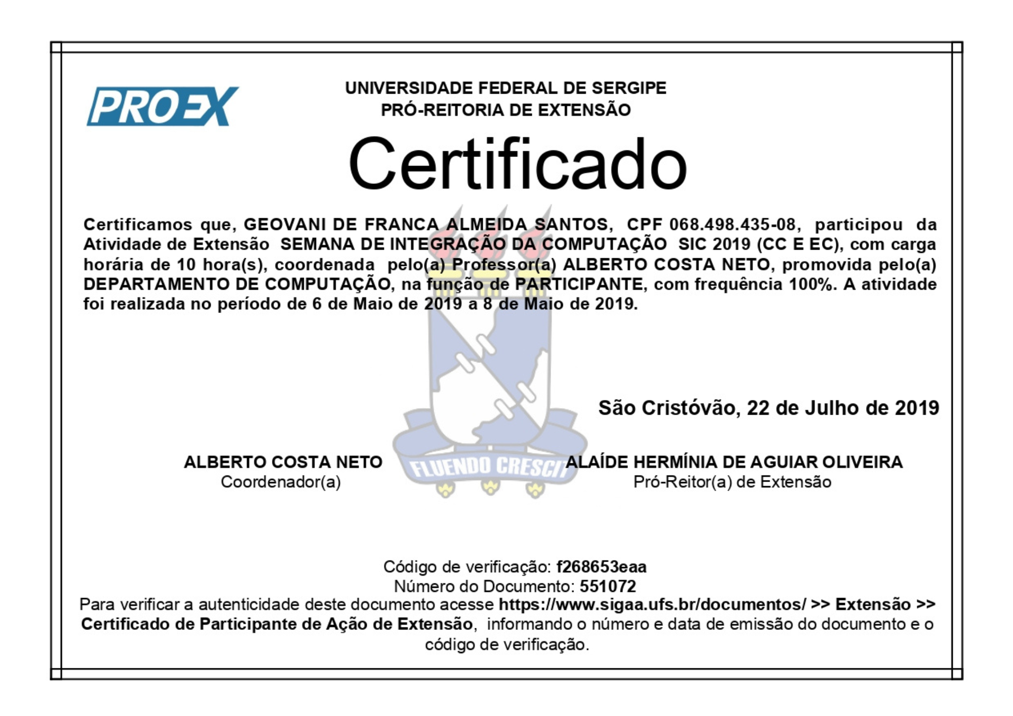Atividade de Extensão SIC 2019